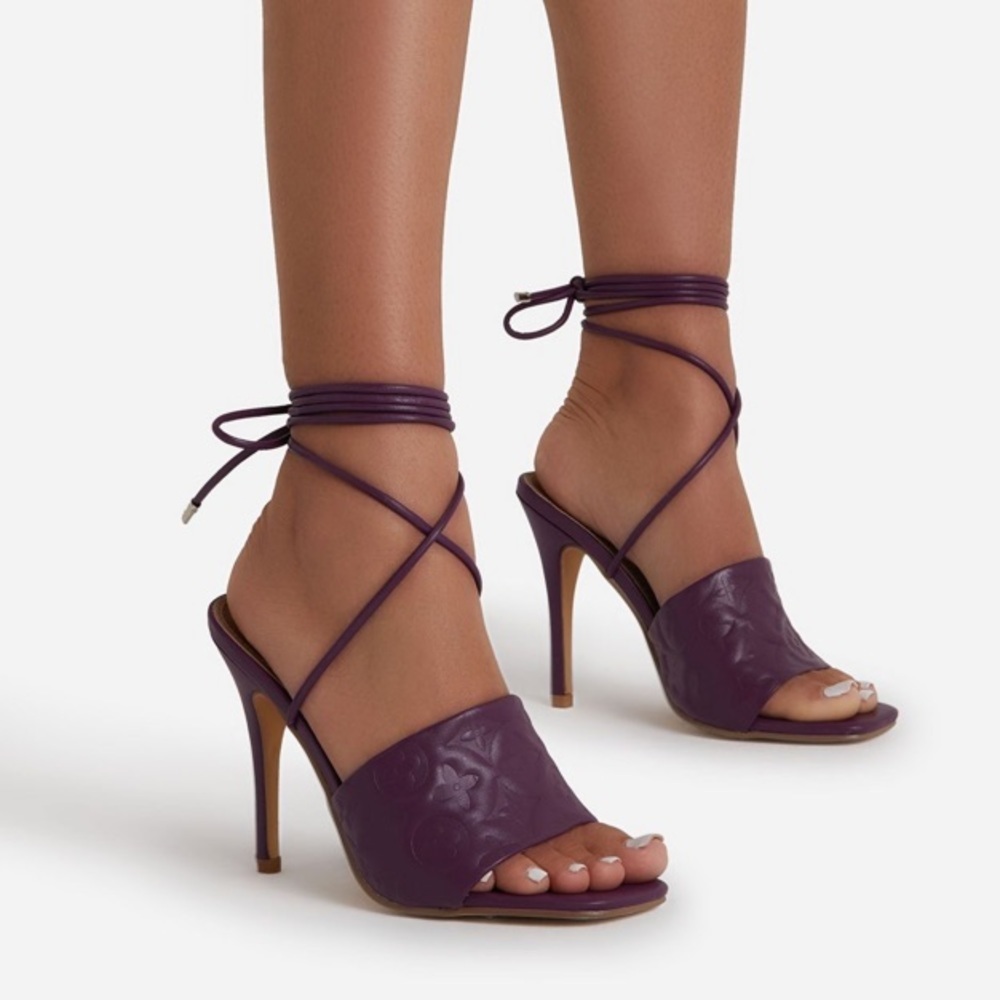 EGO dark purple high heel ankle strap strappy mule sandals